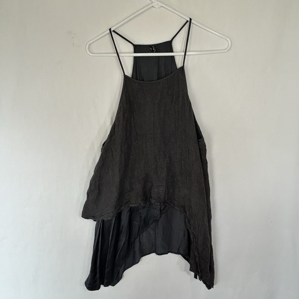 LS Live Your Mark Black Linen Blend Asymmetrical Halter Top Open Back M Boho